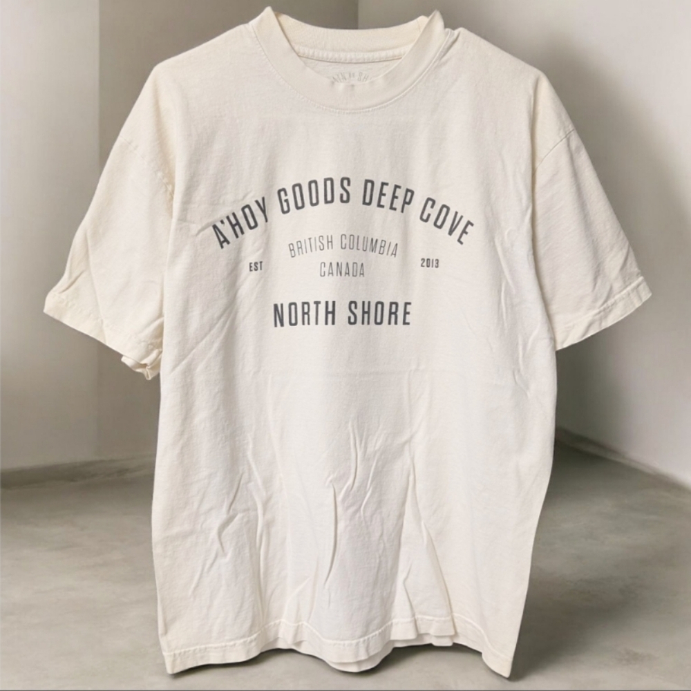 A'hoy Goods Deep Cove Est.2013 Crewneck Tee Shirt in cream with a slate print